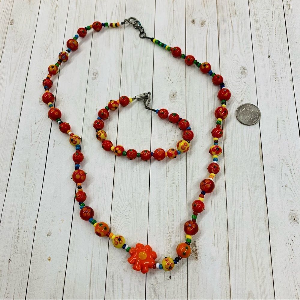 Art glass Beaded Necklace and Bracelet Set